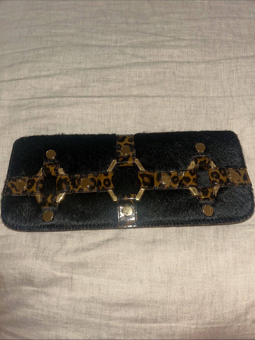 Black Pony Hair Clutch with Gold Stud & Leopard Trim